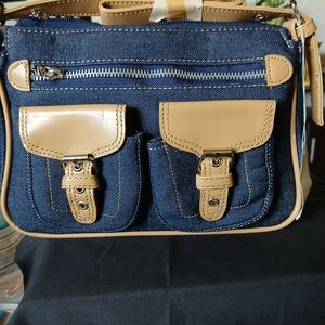 Denim and Tan Shoulder Bag